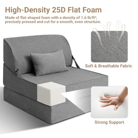 BeBen Folding Sofa Bed Chair, Convertible Sleeper Chair Futon Couch, Foldable Boneless Floor Lounger Sofa, Single Foam Chair Bed for Small Spaces, Dorm, Guest Room, Living Room, Apartment, Grey BeBen