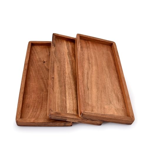 NIRMAN Acacia Wood Rectangular Wooden Platters for Home Decor, Food, Vegetables, Fruit, Charcuterie, Appetizer Serving Tray (13" x 5.5" x 0.75") (Set of 3) - WoodArtSupply