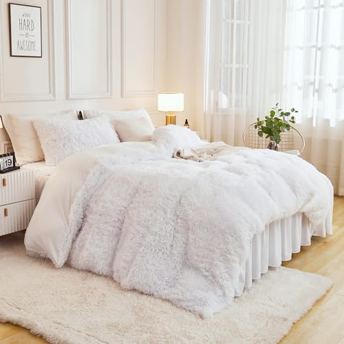 Andency White Comforter Full Size Set, 3 Pieces Fluffy Faux Fur Warm Soft Fuzzy Plush Bedding Comforter Set, Thick Heavy Puffy Comfy Bedding Sets Andency