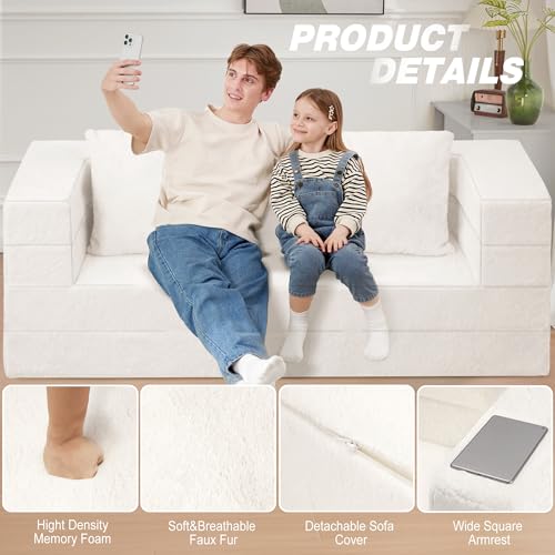 Cansunna Futon Sofa Bed with Pillow, 3-in-1 Sleeper Sofa Bed with Removable Cover, Convertible Floor Sofa Bed, No Assembly Boneless Couch for Living Room, Bedroom Cansunna