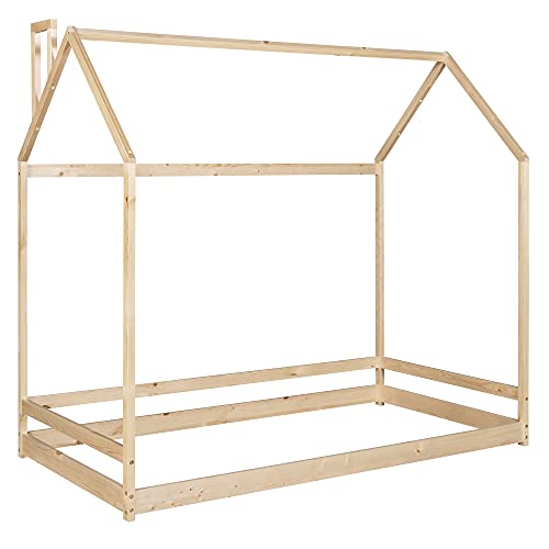 Merax Twin Size Wood House Bed, Wooden Bedframe with Roof for Kids, Teens, Boys or Girls, Natural Merax
