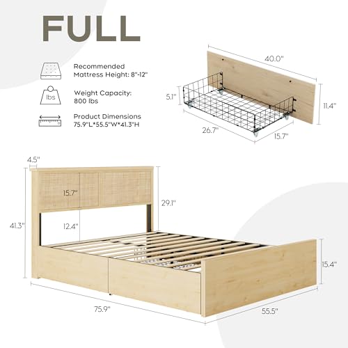 Yechen Full Bed Frame with Natural Rattan Headboard and Wooden 4 Storage Drawers, Light Oak Bedframe Metal Platform with Strong Wooden Slats Support, Bamboo Cane Beds, No Box Spring Needed Yechen