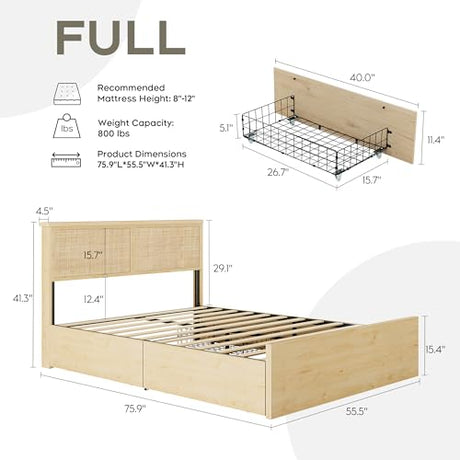 Yechen Full Bed Frame with Natural Rattan Headboard and Wooden 4 Storage Drawers, Light Oak Bedframe Metal Platform with Strong Wooden Slats Support, Bamboo Cane Beds, No Box Spring Needed Yechen