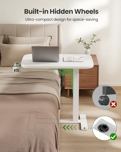 Marsail 28×16" Overbed Table with Wheels and 360° Cup Holder, Height-Adjustable Pneumatic Bedside Table, Mobile Computer Standing Desk for Home Office, White Marsail