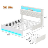 HAUOMS Full Size Bed Frame with Bookcase Headboard,LED Bed Frame with Charging Station, 4 Storage Drawer, Modern Velvet Upholstered Platform Bed with 5 Shelf, No Box Spring Needed, Creamy White HAUOMS