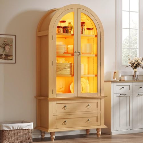 YITAHOME 73" Arched Pantry Cabinet with LED Lighting, 2 Drawers & Multi-Tier Shelves, Modern Farmhouse Kitchen Storage with Ambient Lighting for Dining Room, Natural YITAHOME