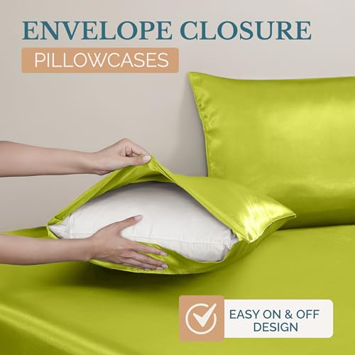 Casa Platino Queen Size Satin Sheets - Smooth Satin Sheets Queen, Cooling Fabric with 15 Inch Deep Pocket Sheet, Lightweight and Breathable, Makes for a Great Nights Sleep- Vibrant Lime Green Casa Platino