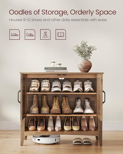 VASAGLE LIRY Collection - Shoe Cabinet, 3-Tier Storage Organizer, Shoe Shelf, Farmhouse Freestanding Cabinet, Height-Adjustable Shelf, 13.8 x 31.5 x 27.6 Inches, Honey Brown ULBC038B01 VASAGLE