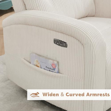 Power Swivel Rocker Recliner, Upholstered Glider Recliner Nursery Chair with Type-C & USB Port, Swivel Rocking Nursery Recliners with Double Pockets for Living Room Bedroom, Corduroy Cream White AEMEIOS