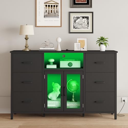 FFBCFDK Black Dresser for Bedroom Dresser TV Stand with Charging Station for 60" TV Long 6 Drawer Dresser for Bedroom with LED Light Large Fabric Dresser Organizer Unit Tall Chest of Drawers for Kids