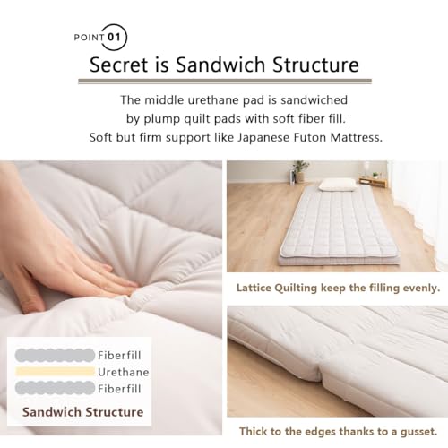 EMOOR Japanese Tri-fold Futon Mattress Machi with Mattress Pad Small-Twin Gray, Gusset Foldable Storable Washable Floor Sleeping Guest Bed Tatami Mat EMOOR