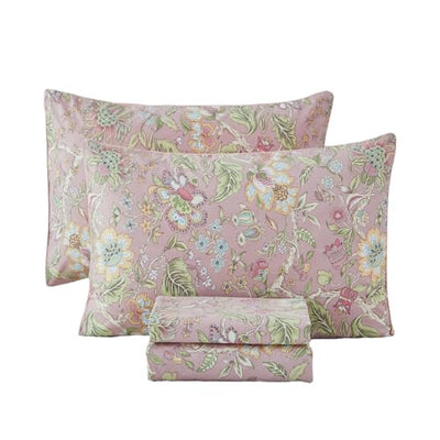 URBONUR Pink Floral Sheet Set Full Size 4-Pieces 100% Cotton Percale Sheets for Full Bed Shabby Vintage Flowers Bed Sheets Full Soft Crisp Luxury Bedding Set, Deep Pocket Sheets