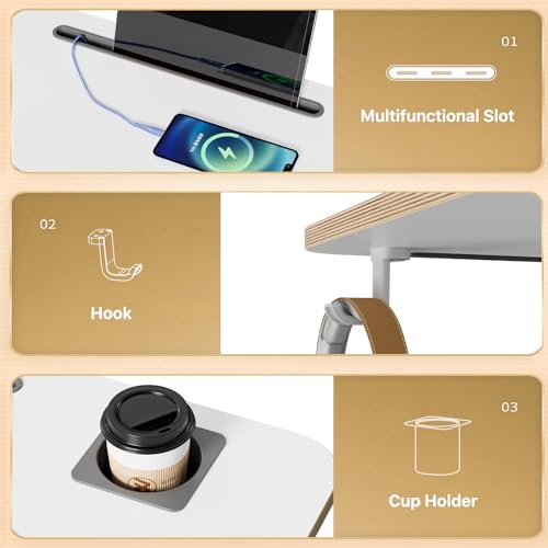 Liftsync Mobile Standing Desk, Rolling Laptop Cart Adjustable Height with Cup Holder, 28 inch Portable Table with 4 Lockable Wheels, White Computer Workstation with Hook and Slots for Home Office Liftsync