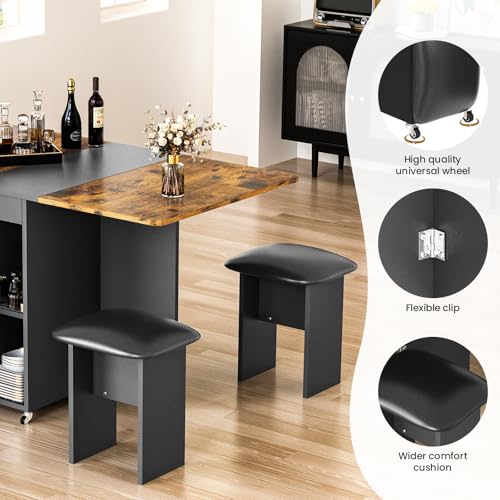 furlinkhm Folding Dining Table Set for 4, Dinner Table with 4 Leather Chairs and Shelves, Space Saving Foldable Dining Table with 6 Wheels, Kitchen Table for Small Spaces (Brown+Black) furlinkhm