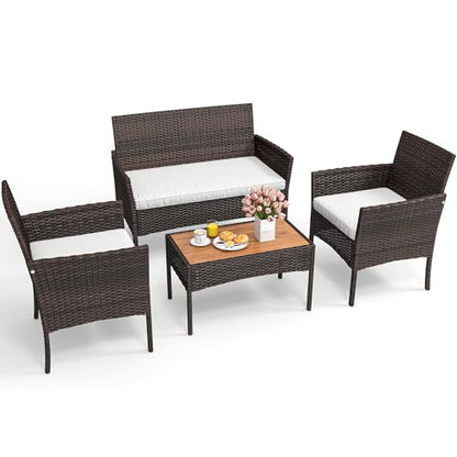 YITAHOME 4-Piece Patio Bistro Set, All-Weather Outdoor Patio Furniture Rattan Wicker Loveseat Conversation Set with Wooden Side Table and Soft Cushions, Brown+Beige - WoodArtSupply