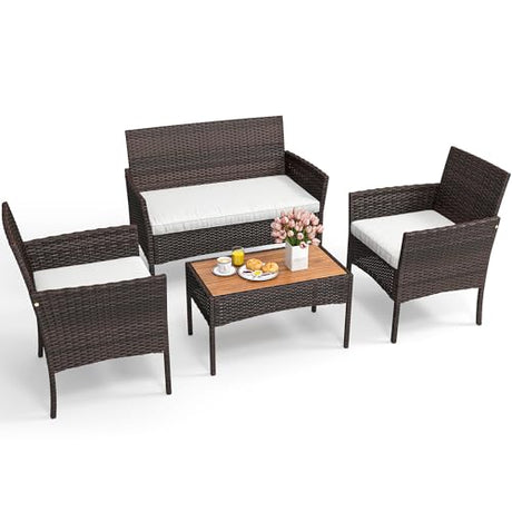 YITAHOME 4-Piece Patio Bistro Set, All-Weather Outdoor Patio Furniture Rattan Wicker Loveseat Conversation Set with Wooden Side Table and Soft Cushions, Brown+Beige YITAHOME