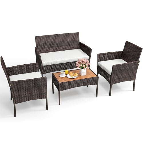 YITAHOME 4-Piece Patio Bistro Set, All-Weather Outdoor Patio Furniture Rattan Wicker Loveseat Conversation Set with Wooden Side Table and Soft Cushions, Brown+Beige - WoodArtSupply