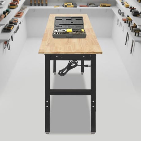 Adjustable Workbench, Heavy Duty Work Bench with Power Outlets and USB Ports, Wood Top Workstation Table, 2000 LBS Load Capacity Work Benches for Garage, Workshop, Office, Home Use (71.65x19.69in) Eapmic