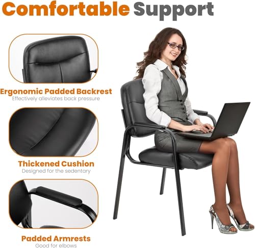 Sweetcrispy Office Reception Guest Chair No Wheels Set of 6, Leather Stationary Waiting Room Chairs with Padded Arms for Elderly Desk Conference Room Lobby Table Side Salon Sweetcrispy