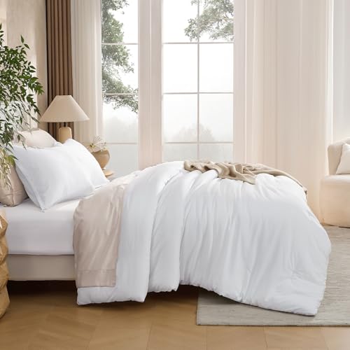 Andency White Queen Size Comforter Set, 3 Pieces Boho Solid Bedding Comforters & Sets, Modern Reversible Soft Lightweight All Season Bed Set for Men Women (90x90Inch Comforter & 2 Pillowcases) Andency