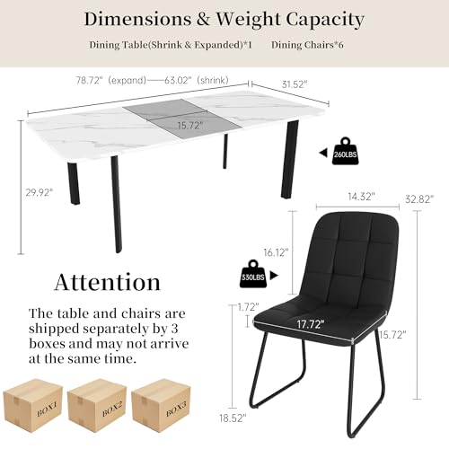 HIPIHOM Extendable Dining Table Set for 6-8 People, 63 to 78.7 Inch MDF Kitchen Table with 6 Upholstered Chairs, Space-Saving for Dining Room, Breakfast Nook (White Table & 6 Black U-Shaped Chairs) HIPIHOM