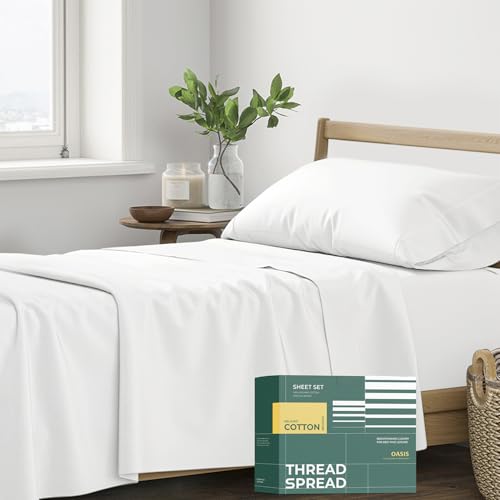THREAD SPREAD 100% Organic Cotton Sheets Twin Size - 3 PC Organic Cotton Twin Size Percale Weave Sheet Set, Soft, Cooling, Crisp & Breathable, 16" Deep Pocket Bedding Set for Dorm Room - White THREAD SPREAD