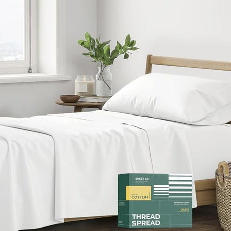 THREAD SPREAD 100% Organic Cotton Sheets Twin Size - 3 PC Organic Cotton Twin Size Percale Weave Sheet Set, Soft, Cooling, Crisp & Breathable, 16" Deep Pocket Bedding Set for Dorm Room - White THREAD SPREAD