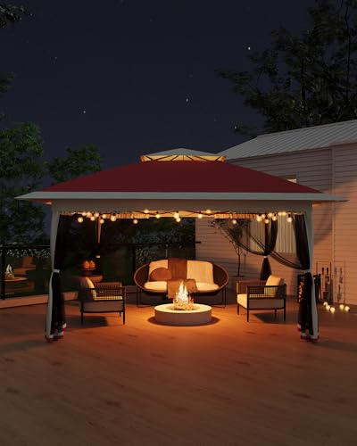 Canopy Tent 12x12 ft, Pop Up Gazebo One-Push Setup with 4 SandBags for Backyard Parties and BBQs, Mosquito Netting & Height Adjustable - Red GarveeLife