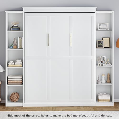 Rophefx Queen Murphy Bed Cabinet with 5-Tier Adjustable Storage Shelves, Wood Queen Wall Bed Cabinet Bed, Space Saving Beds, Hidden Bedframe, Foldable Platform Beds for Guest Room, Bedroom, White Rophefx