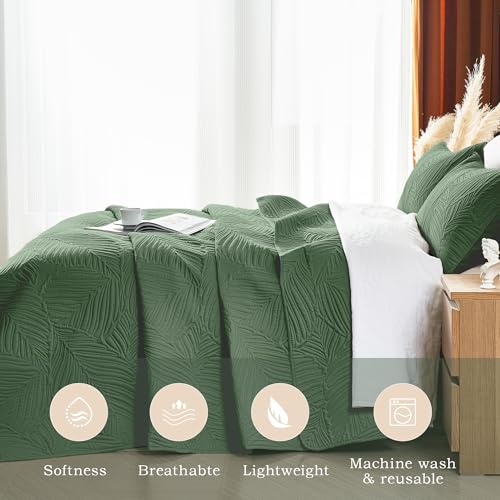 OARAGE Twin Quilt Bedding Set Soft Lightweight Olive Green Bedspread with Leaf Pattern Ultrasonic Microfiber Bed Coverlet for All Season (1 Quilt,1 Sham) OARAGE