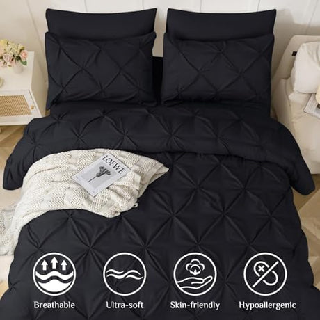 JOLLYVOGUE Full Size Comforter Sets 7 Pieces - Bed in a Bag Full for All Season, Pintuck Bedding Comforter Sets with Comforter, Flat Sheet, Fitted Sheet and Pillowcases & Shams, Black JOLLYVOGUE