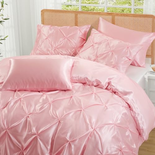 P Pothuiny 5 Pieces Satin Pintuck Duvet Cover Set, Silky Like Blush Pink Pinch Pleat Duvet Cover Full/Queen Size Luxury Bedding Set with Corner Ties, 2 Pillow Shams + 2 Pillowcases (No Comforter) P Pothuiny