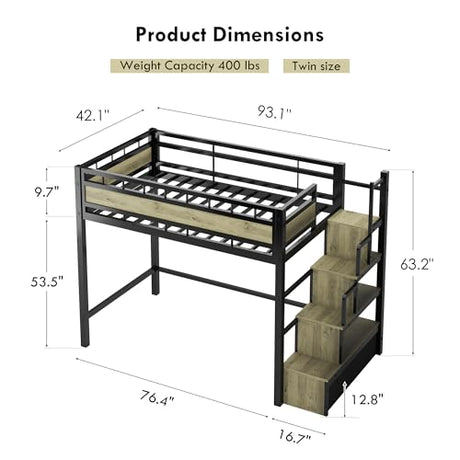 SDHYL Twin Size Loft Bed, with Storage Stairs & Drawers,Space-Saving Heavy-Duty Metal Bed Frame, No Box Spring Needed, Easy Assembly, Black SDHYL