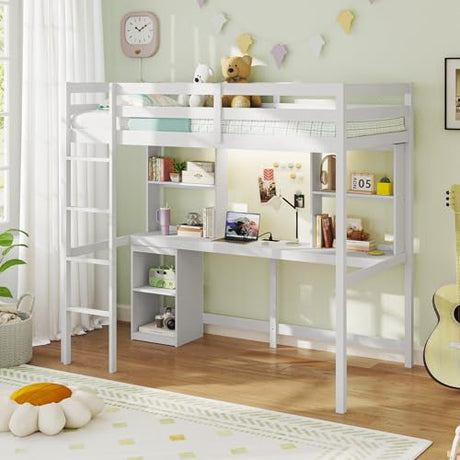 Giantex Twin Loft Bed with Desk & Hutch, Wooden Loft Bed w/LED Light & Charging Station, Safety Guardrails & Ladder, Twin Bed Frame w/Storage Shelves for Dorm, Apartment, No Box Spring Needed, White Giantex