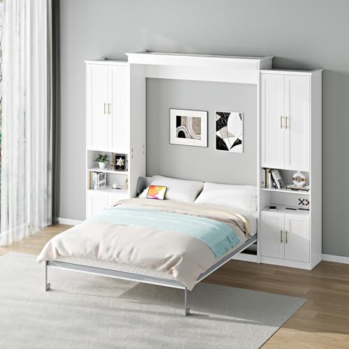 Rophefx Murphy Bed Queen with 2 Side Cabinet Storage Shelves, Queen Wall Bed Cabinet with USB Port, Wood Foldable Platform Bed Frame, Space Saving Beds, Modern Hidden Bed for Guest Room, Home, White Rophefx