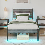PUNICE Twin Size Bed Frame with Charging Station, LED Light Metal Bed Frame with Wooden Headboard, No Box Spring Required, No Noise, Easy Assembly, Light Grey PUNICE
