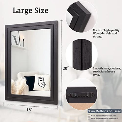 AAZZKANG Mirrors for Wall Black 20"x16" with Wooden Frame Rustic Wall Mirror Decorative Rectangle Mirror for Bedroom Bathroom Living Room - WoodArtSupply