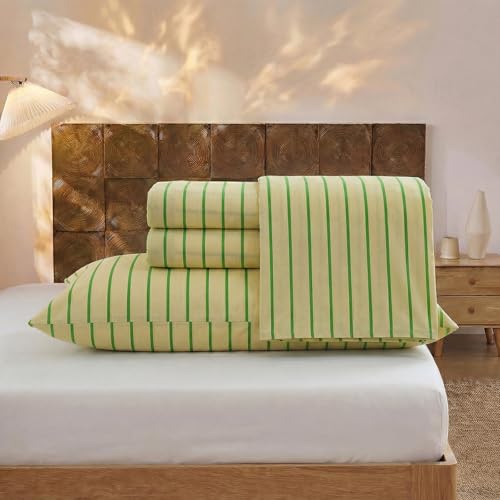 Merryword 100% Cotton Sheet Set Queen Size, Khaki & Green Stripes Bedding, Soft Breathable Percale Weave, Modern Minimalist, Luxury Linen Like, Deep Pocket Fitted Sheet 17.5" Merryword