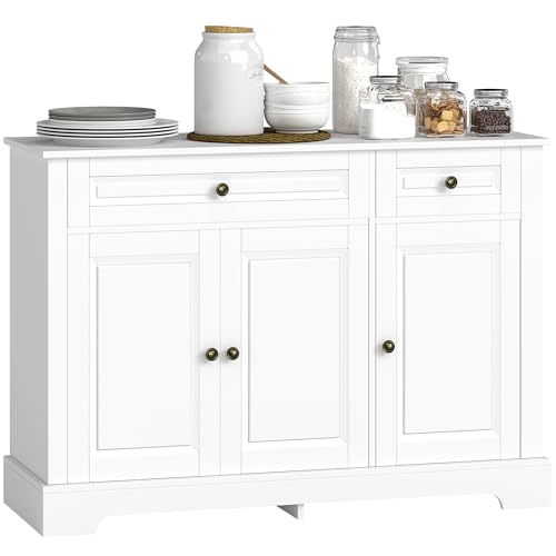HOMCOM Sideboard Buffet Cabinet, Modern Buffet Cabinet with Storage and 2 Drawers, Coffee Bar Station with Adjustable Shelves for Kitchen, Entryway, White HOMCOM