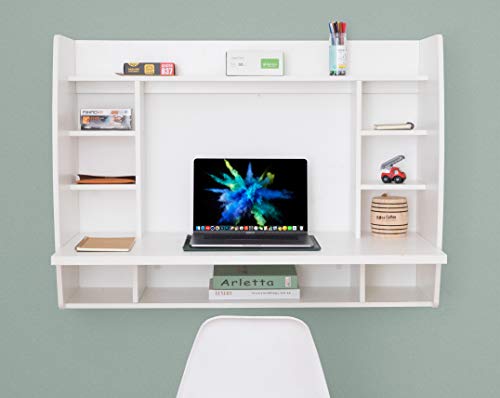 Versatile Wall Mount Floating Computer Desk - Stylish and Space-Saving Writing Study Table with Shelves - Ideal for Living Room, Bedroom, and Home Office, White - WoodArtSupply