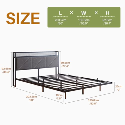 HOMERECOMMEND Full Size Bed Frame with LED Lights and Headboard Storage and Charging Station,Full Floating Bed Frame with Heavy Duty Metal Slats,Easy Assembly, Black and Gray HOMERECOMMEND