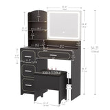 Hogxp Vanity Table with LED Mirror & Power Outlet - 5 Open Shelves, 4 Drawers - Includes Padded Stool - Ideal Bedroom Makeup Dressing Table （Black） Hogxp