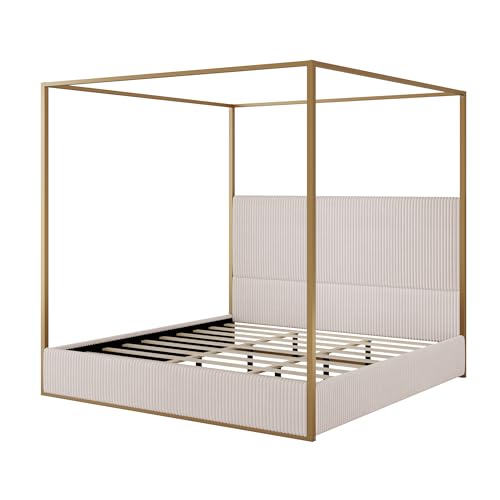 Merax Modern Luxury King Metal Canopy Bed with Tall Upholstered Headboard, Gold Four Poster Bed, No Box Spring Needed, Beige