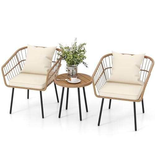 DWVO All-Weather Wicker Patio Furniture Bistro Set, 3-Piece Outdoor Patio Conversation Set with Table and Seat Cushions for Patio, Balcony, Backyard, Porch and Terrace - WoodArtSupply