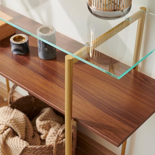 Saint Mossi 2-Tier Console Table for Living Room, Modern Narrow Entryway Table for Hallway, Foyer, Corridor, Office, Clear Glass Top & Gold Frame, D41×H31 SM Saint Mossi