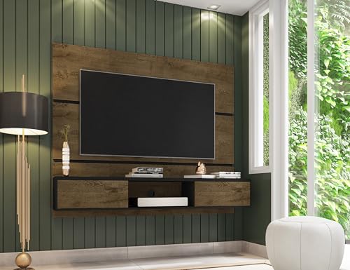 Manhattan Comfort Vernon 62" Floating Entertainment Center, Wall Mounted TV Stand for 55'' Television with Concealed & Open Storage, Hole for Cable Management, Rustic Brown and Black Manhattan Comfort