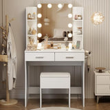 Otterease Vanity Desk with LED Lighted Mirror, Makeup Vanity with 3 Adjustable Lights, 2 Large Drawers and 4 Open Shelves, White Vanity with Storage Stool for Bedroom Otterease