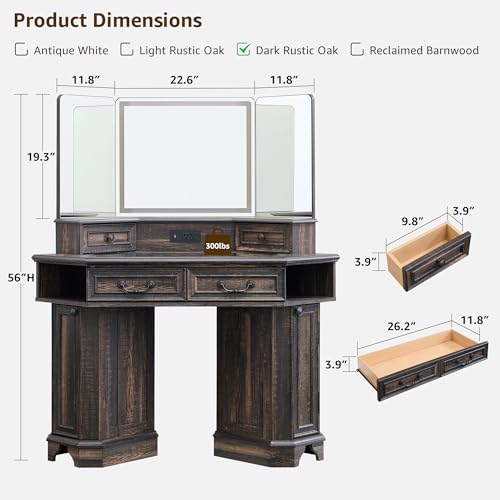 T4TREAM Makeup Vanity Desk 48" with 3 Way Mirror and Lights, Large Farmhouse Corner Vanity Dressing Table with Glass Top & Charging Station, 3 Drawers & 2 Storage Cabinets, Dark Rustic Oak T4TREAM