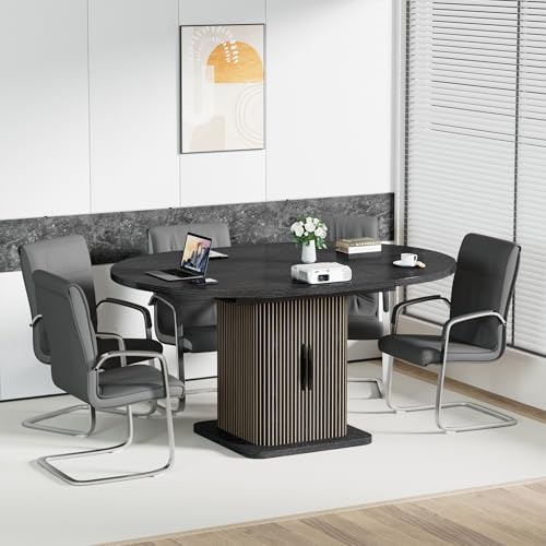 Extendable Black Round Conference Table for 4-8 People, 43in-59in Modern Oval Meeting Room Table with Storage, Fluted Wood Slide Doors, Small Compact, Office, Training, Conference Room Jluomei