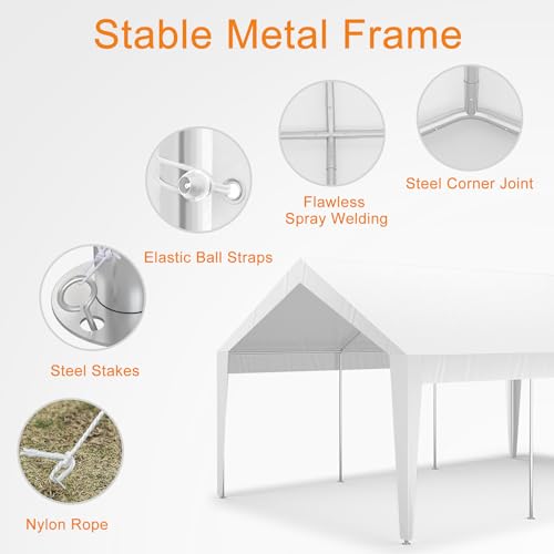 Garvee Carport, 10 ft x20 ft Extra Large Heavy Duty Carport, Portable Heavy Duty Garage Shelter with 8 Legs, Garage Tent for Car, Truck, SUV, Car Canopy with All-Season Tarp - White Garvee